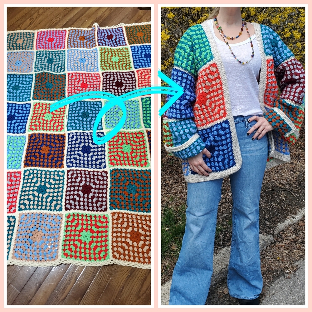 Upcycled Granny Square Oversized Open Front Boho/Grannycore Caridigan 27"p2p